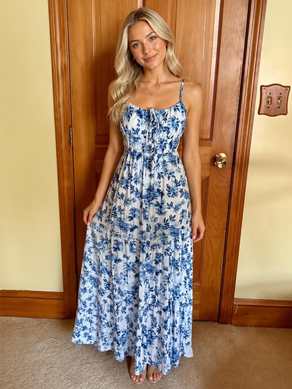 Blue & White Floral Sleeveless Maxi Dress